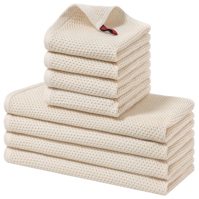 100 COTTON KITCHEN TOWELS AND DISHCLOTHS SET 12 X 12 INCHES AND 13 X 28 INCHES SET OF 8 BULK KITCHEN TOWELS SET ULTRA SOFT ABSORBENT DISH CLOTHS FOR WASHING DISHES BEIGE