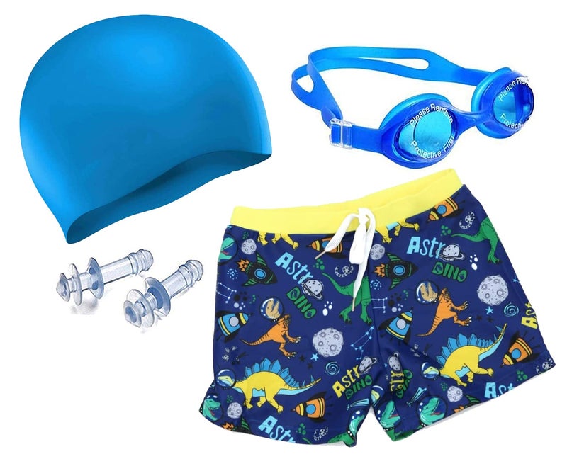 Drauss® Boys Swimming Kit with 1 Swimming Shorts, 1 Anti Fog Swimming Goggles, 1 Silicone Swimming Cap, p 2 Ear Plugs (8-10 Years, Blue) - Image 1
