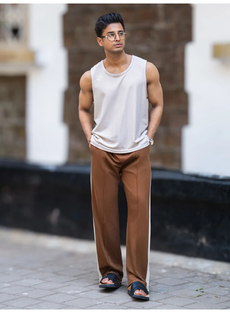 Maniac Maniac Mens Colorblock Brown and Half White Cotton Zipper Bottocut Baggy Pant