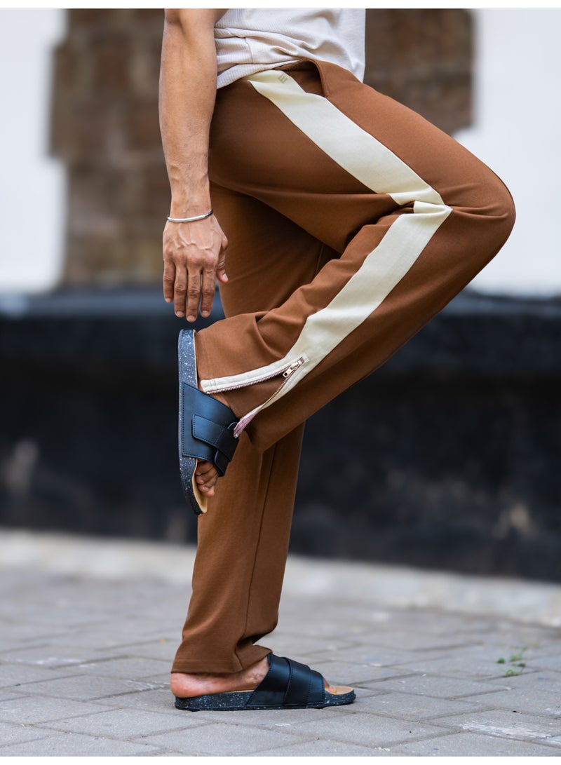 Maniac Maniac Mens Colorblock Brown and Half White Cotton Zipper Bottocut Baggy Pant  - Image 4