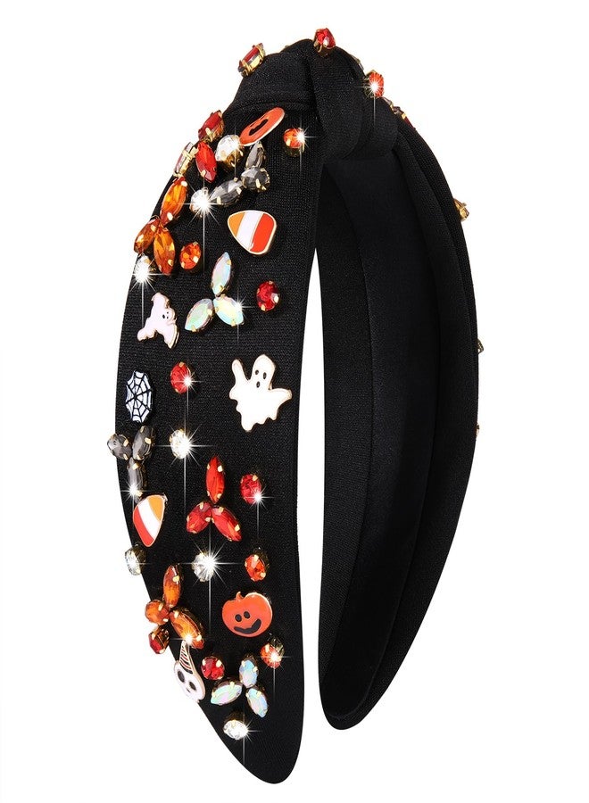 Boderier Halloween Headband - Enamel Ghost Pumpkin Candy Corn Knotted Pearl Crystal Embellished Wide Headband Hair Accessory (Ghost Pumpkin Charm) - Image 1
