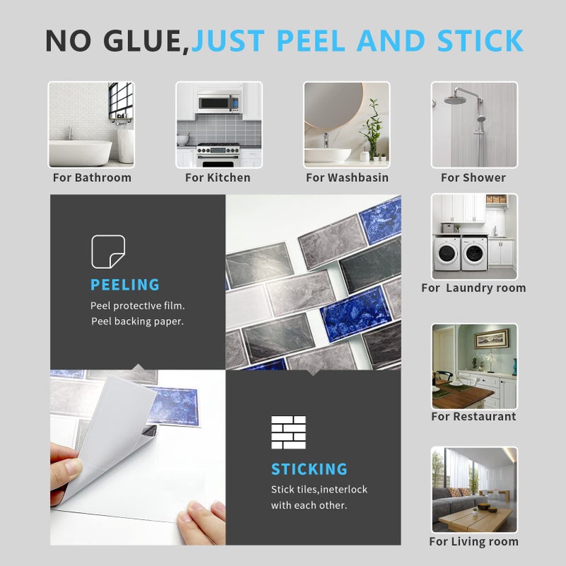 URCOLOR 10-Sheet Peel and Stick Backsplash Tiles Subway for Kitchen,12"x12" Self Adhesive Wall Tile Sticker on Back Splashes for Bathroom Grey Blue Marble Design - Image 5