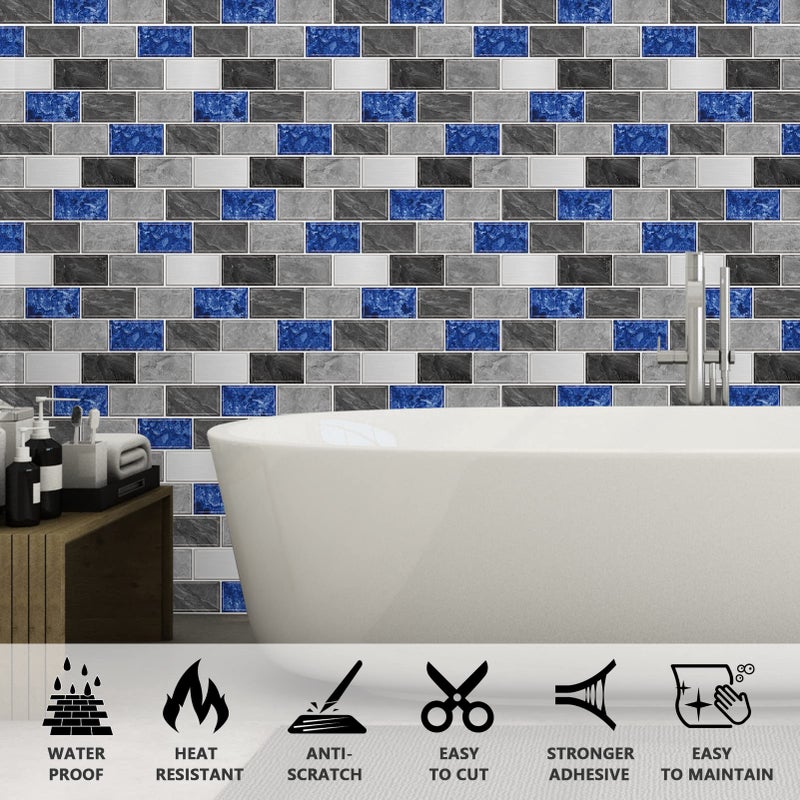 URCOLOR 10-Sheet Peel and Stick Backsplash Tiles Subway for Kitchen,12"x12" Self Adhesive Wall Tile Sticker on Back Splashes for Bathroom Grey Blue Marble Design - Image 3
