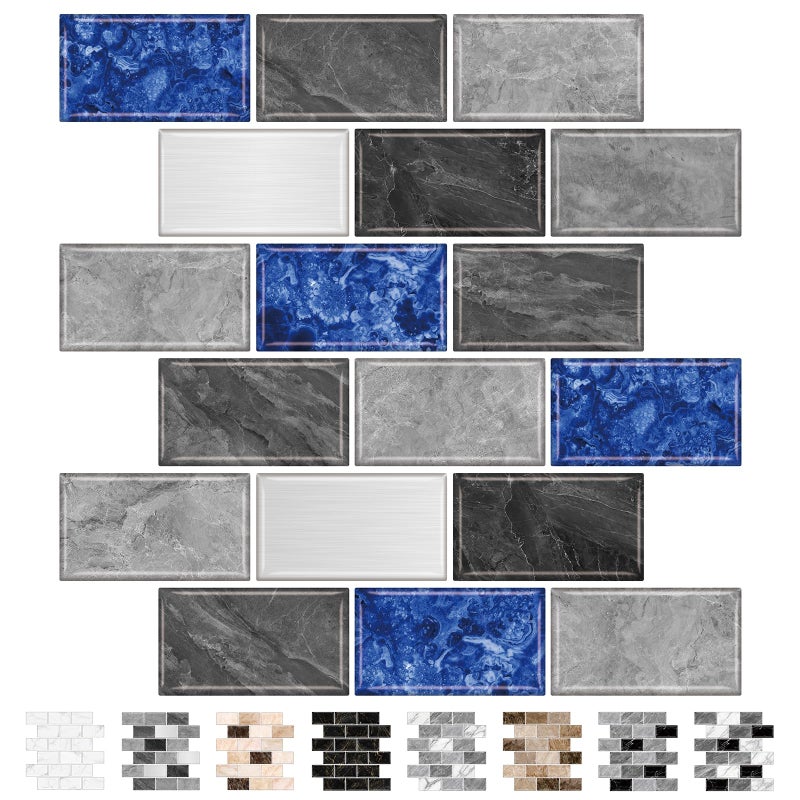 URCOLOR 10-Sheet Peel and Stick Backsplash Tiles Subway for Kitchen,12"x12" Self Adhesive Wall Tile Sticker on Back Splashes for Bathroom Grey Blue Marble Design - Image 1
