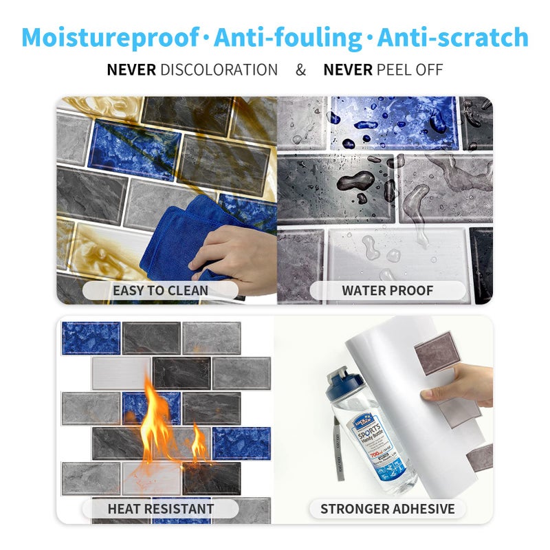 URCOLOR 10-Sheet Peel and Stick Backsplash Tiles Subway for Kitchen,12"x12" Self Adhesive Wall Tile Sticker on Back Splashes for Bathroom Grey Blue Marble Design - Image 4