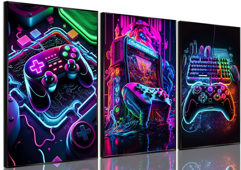 HOME TROVE  Game Room Decor Posters Set of 3 - Neon Gaming Accessories Theme Canvas Wall Art, Gamer Console Paintings Picture Wall Decor for Children Youth Boys Bedroom 12x16 inch Unframed - Image 3
