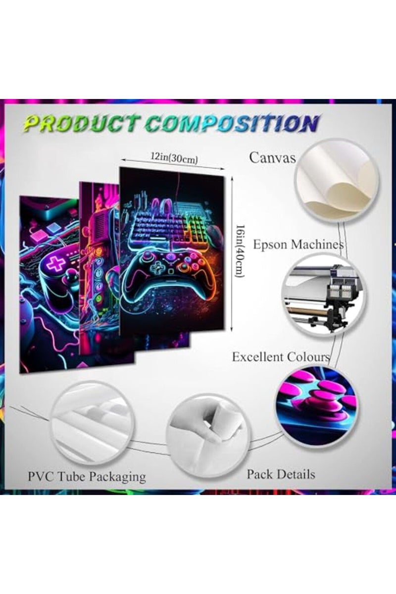 Home Trove ديكور غرفة الألعاب - مجموعة من 3 ملصقات - فن جدران قماش بموضوع ألعاب نيون، لوحات تحكم للألعاب، ديكور جدران لغرف نوم الأطفال والشباب، 12x16 بوصة بدون إطار - Image 4