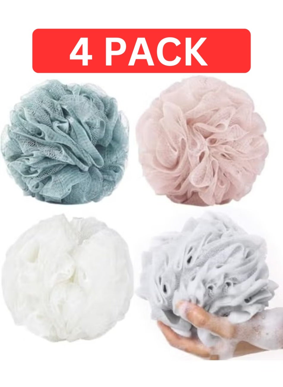 Large Bath Shower Sponge Pouf Loofahs: 4 Packs 60g/Each Eco-friendly Exfoliating Mesh Brush Pouf Bath Shower Ball Sponge-Exfoliate, Cleanse, Soothe Skin