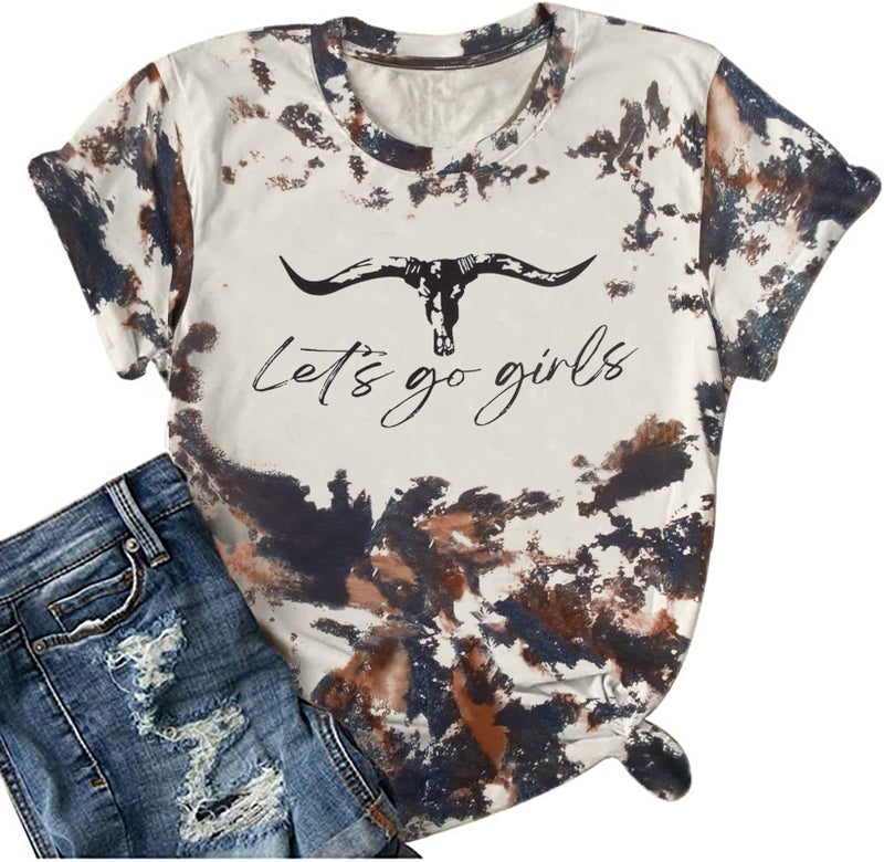 BANGELY Let's Go Girl Shirt Women Western Bleached T-Shirt Retro Country Music Tee Shirt Cowgirls Shirts Short Sleeve Tops - Image 1