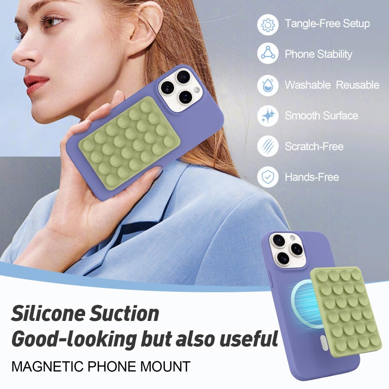 OPOM Magnetic Suction Phone Mount for MagSafe Case,Silicone Sticky Phone Grip Holder for iPhone,Removable Hands-Free Selfie/Video for TikTok & Instagram Influencer/Creator (Green) - Image 3