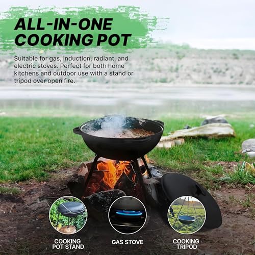 CKG Kazan Uzbek Cast Iron Kazan for Plov Making Cookware Insulated Double Handle Pan Wide Mouth Cast Iron Dutch Oven, Outdoor Cooking Frying Pot, Lodge Cast Iron Skillet, 8 L - Image 5