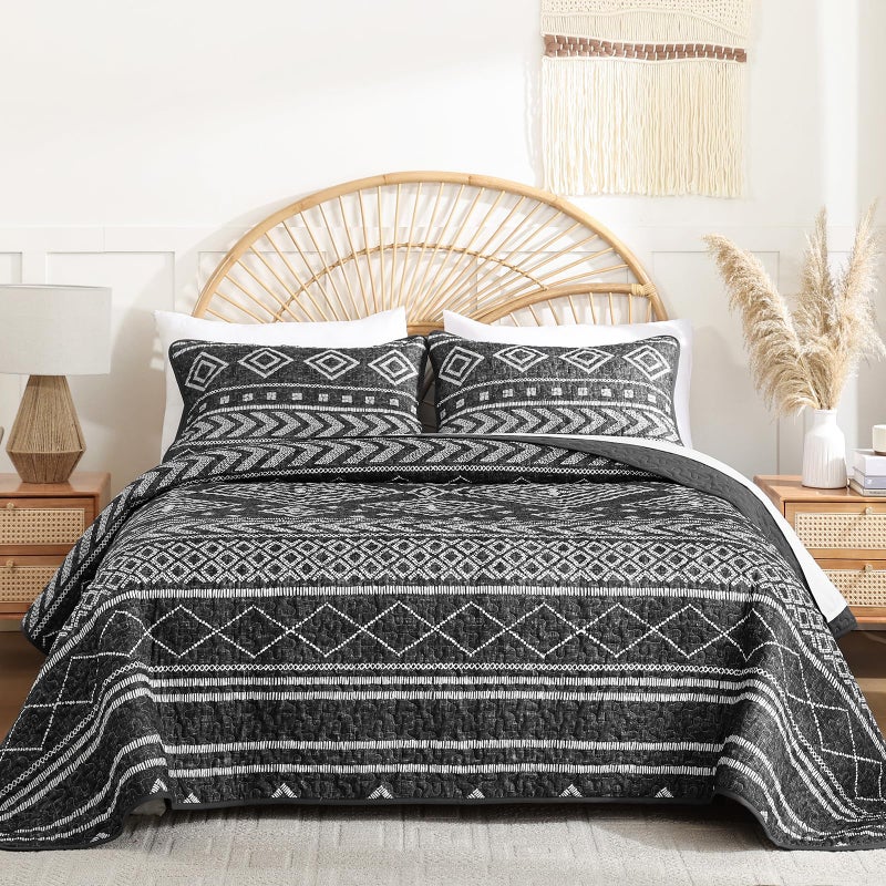 Yiran Quilt Set King Size Black and White, Boho Aztec Bedspreads Bedding Set, Bohemian Stripe Farmhouse Lightweight Coverlet Set with 2 Shams for Bed 106x90 Inch - Image 2