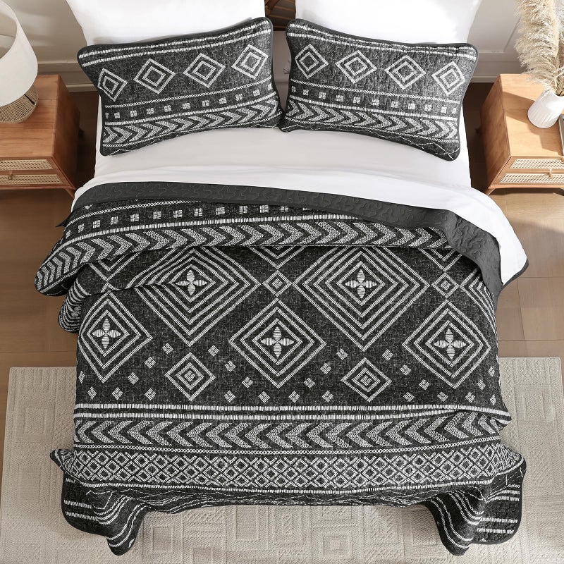 Yiran Quilt Set King Size Black and White, Boho Aztec Bedspreads Bedding Set, Bohemian Stripe Farmhouse Lightweight Coverlet Set with 2 Shams for Bed 106x90 Inch - Image 3