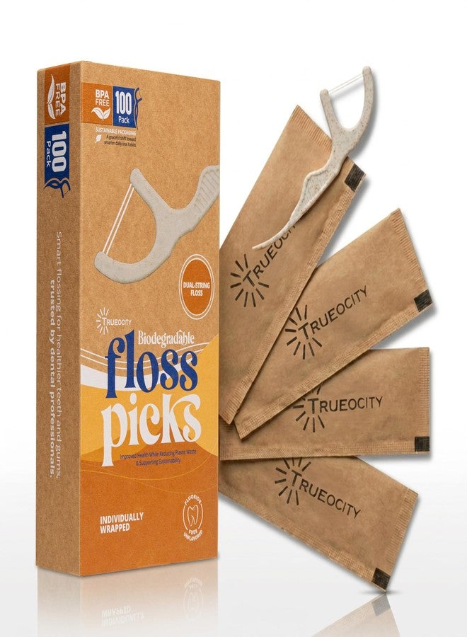 Trueocity Natural Floss Biodegradable Floss Picks 100ct – Double flossers for Adults, Individually Wrapped flossers, Double Thread, Strong, Unflavored, BPA Free, Fluoride Free, Eco Friendly - Image 1