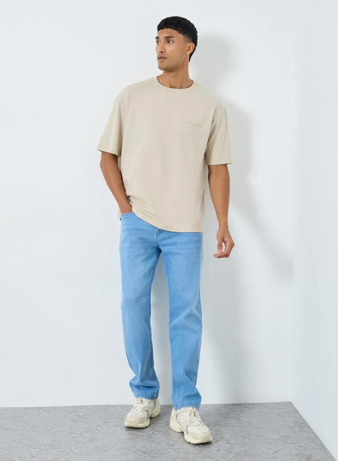 Styli Styli Men Beige Oversized Printed Jersey T-Shirt