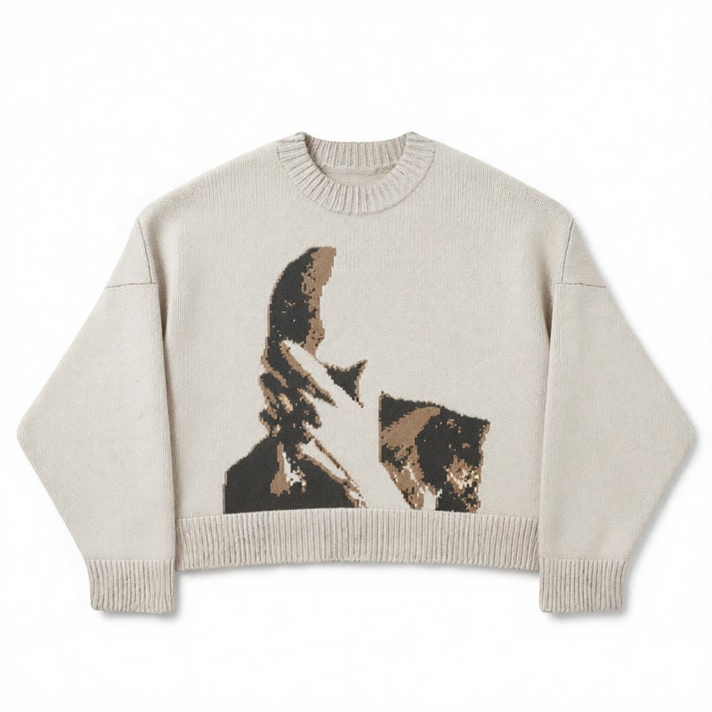 Round Neck Pullover Jacquard Knit Sweater Long Sleeve Loose Top - Image 2
