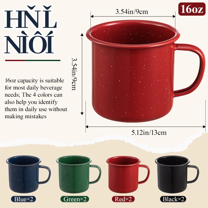 Mimorou 8 Pcs 16oz Enamel Mugs Outdoor Camping Coffee Cups for Hot Cold Beverages Durable for Home, Travel, Beach (red/blue/black/green) - Image 2