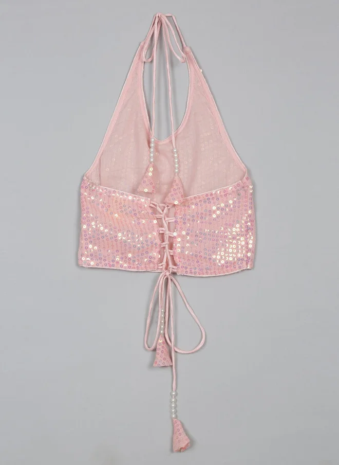 Saka Designs Pink Sequinned Halter Neck Crop Top for Women
