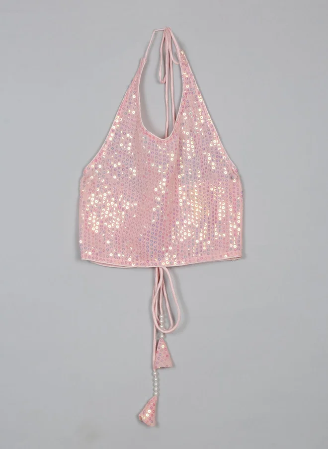 Saka Designs Pink Sequinned Halter Neck Crop Top for Women