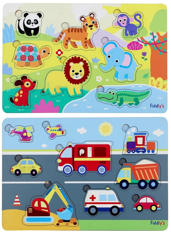 Fiddlys Wooden Learning Educational Puzzle 12 inch x 8 Inch Large Puzzle Toy for Kids & Children Age 4+ (Animals & Vehicles) - Image 1