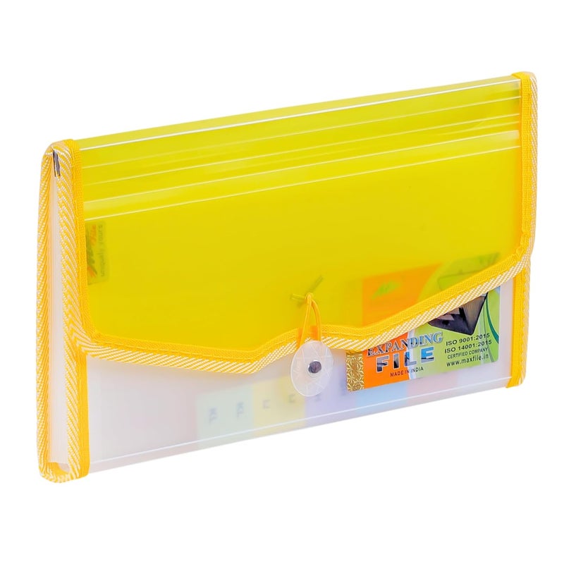 MAXFILE Mini Expanding File Folder with 13 Pockets Cheque/Multi Passbook Holder/Bill Folder/Passport/Memo Cards/Cash/A6 Storage Pouch Organizer with Elastic Swing (Lemon Yellow) - Image 1