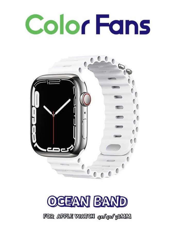 Color Fans - Soft Silicone Ocean Sports Strap Compatible Apple Watch 41mm 40mm 38mm for Men Women, Adjustible Watch Band for Apple Watch SE/Series 9/8/7/6/5/4/3/2/1 - White - Image 1