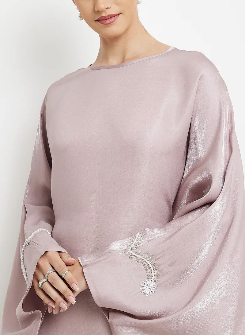 Rosette Abaya Embroidery Crew Neck kaftan  Abaya