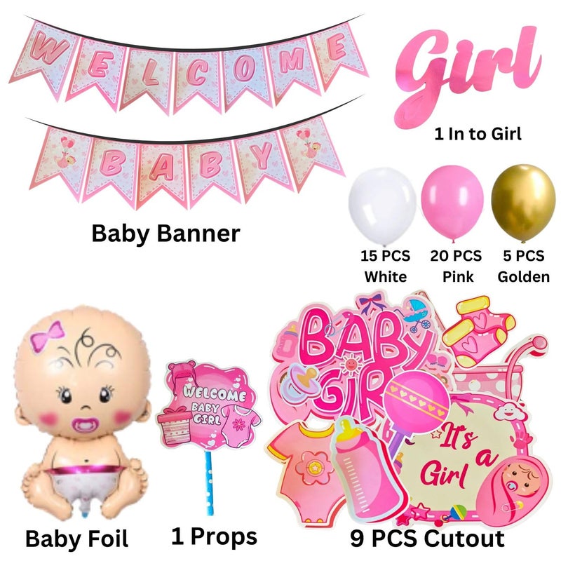 FI - FLICK IN FI - FLICK IN55 pcs Welcome Home Baby Girl Decoration Kit Cutouts Cake Topper Metallic Balloons Welcome Balloon Arch Garland Kit Baby Shower Decoration Items Girls (Pack of 55) - Image 2