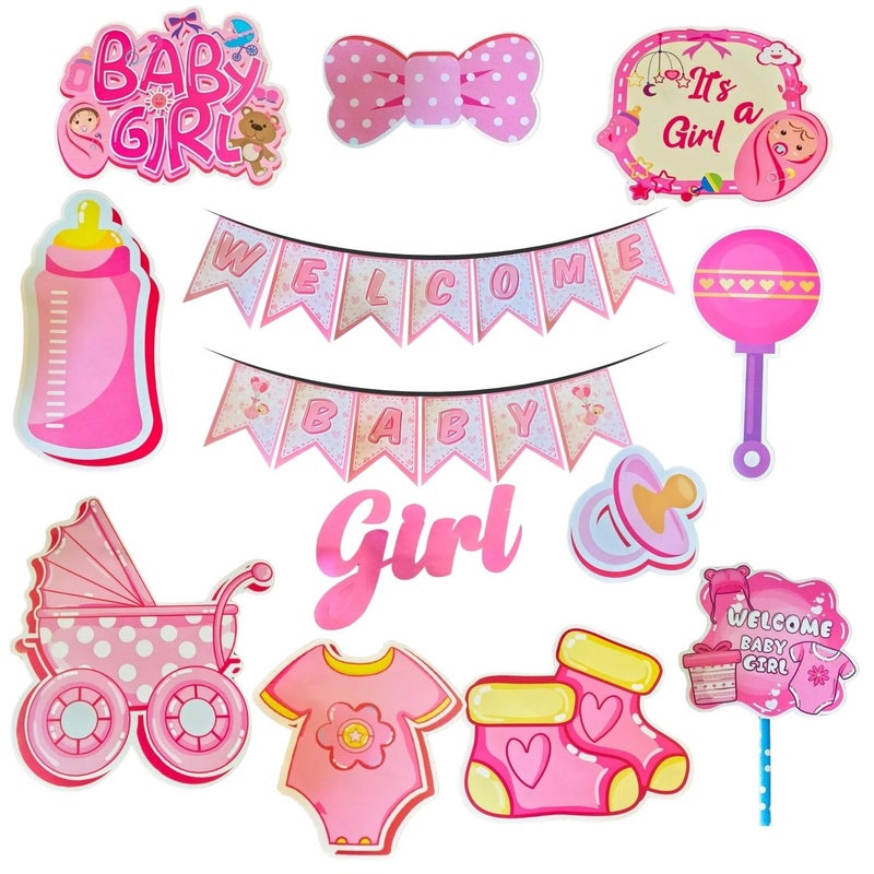 FI - FLICK IN FI - FLICK IN55 pcs Welcome Home Baby Girl Decoration Kit Cutouts Cake Topper Metallic Balloons Welcome Balloon Arch Garland Kit Baby Shower Decoration Items Girls (Pack of 55) - Image 4