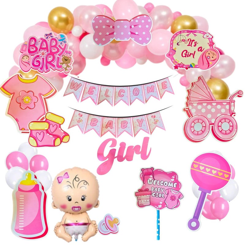 FI - FLICK IN FI - FLICK IN55 pcs Welcome Home Baby Girl Decoration Kit Cutouts Cake Topper Metallic Balloons Welcome Balloon Arch Garland Kit Baby Shower Decoration Items Girls (Pack of 55) - Image 1