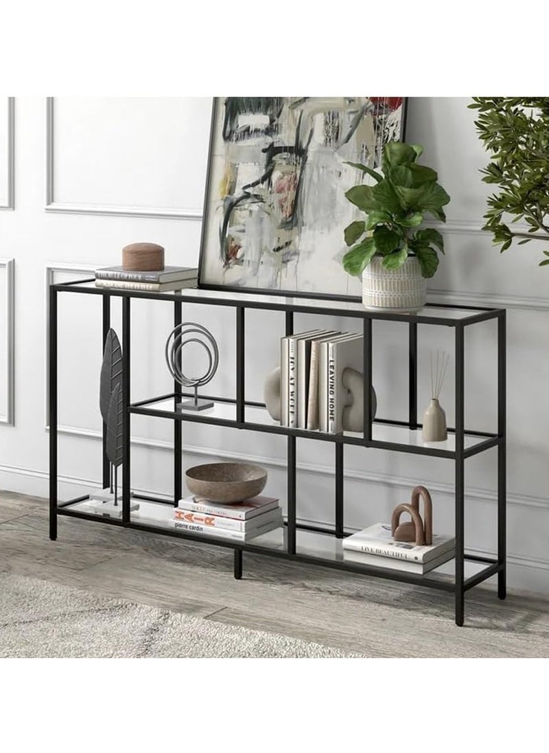 LINGWEI Console Table Metal Frame with Clear Glass Shelves TV Stand Black 132.1x73.7x25.4cm  - Image 1