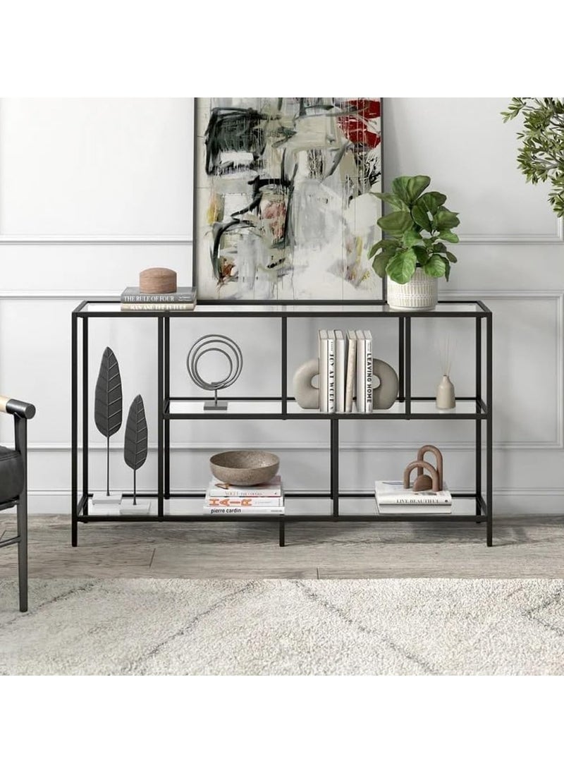 LINGWEI Console Table Metal Frame with Clear Glass Shelves TV Stand Black 132.1x73.7x25.4cm  - Image 2
