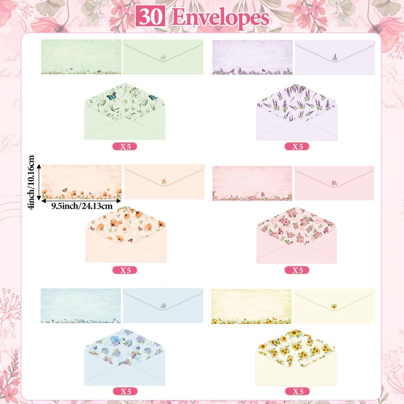 Funrous 90 Pcs Stationary Paper and Envelopes Set, 60 Sheets Floral Letter Paper and 30 Envelopes, 8.5 x 11 Inch Lined Writing Sheet for Mother's Day Wedding Religious Spring Party Invitation Gift - Image 3