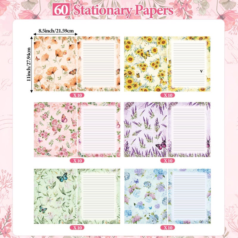Funrous 90 Pcs Stationary Paper and Envelopes Set, 60 Sheets Floral Letter Paper and 30 Envelopes, 8.5 x 11 Inch Lined Writing Sheet for Mother's Day Wedding Religious Spring Party Invitation Gift - Image 2