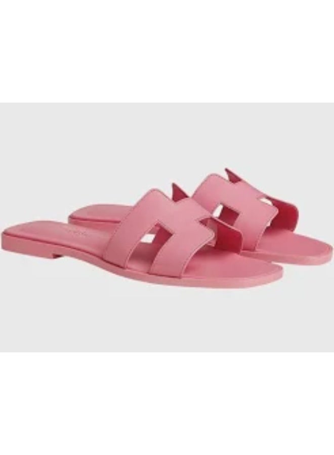 Hermes H24 Oran Calfskin Open-Toe Slip-On H-Shaped Cutout Flats for Women Summer , Rose Porcelaine