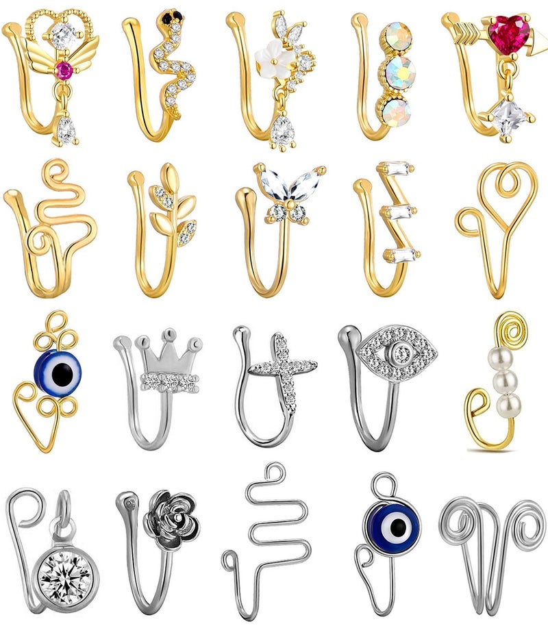 Tamhoo 20Pcs Fake Nose Ring Gold Clip On Nose Rings For Women White Gold Nose Ring Hoop Nose Ring Evil Eye Nose Ring Gold Diamond Nose Ring Hoop Gold Dangle Nose Ring Nose Nose Clip Jewelry - Image 1