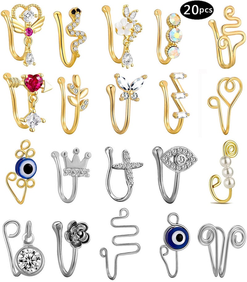 Tamhoo 20Pcs Fake Nose Ring Gold Clip On Nose Rings For Women White Gold Nose Ring Hoop Nose Ring Evil Eye Nose Ring Gold Diamond Nose Ring Hoop Gold Dangle Nose Ring Nose Nose Clip Jewelry - Image 2