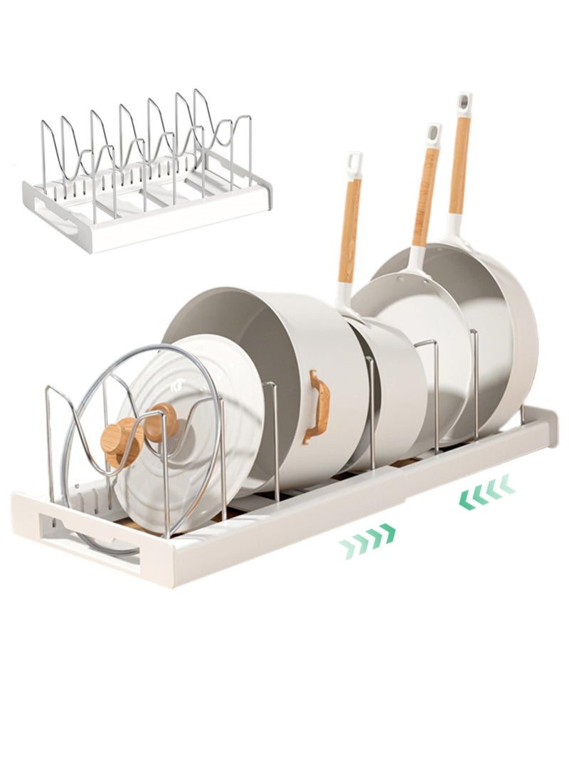 SOLARAE رف قابل للتوسيع تحت الخزانة، مع 7 موضع تخزين قابل للتخصيص، رف منظم للأواني، خزانة قابلة للسحب بطول قابل للتعديل، منظم للأواني على شكل U لخزانة المطبخ للأواني والمخبوزات (أبيض) - Image 1