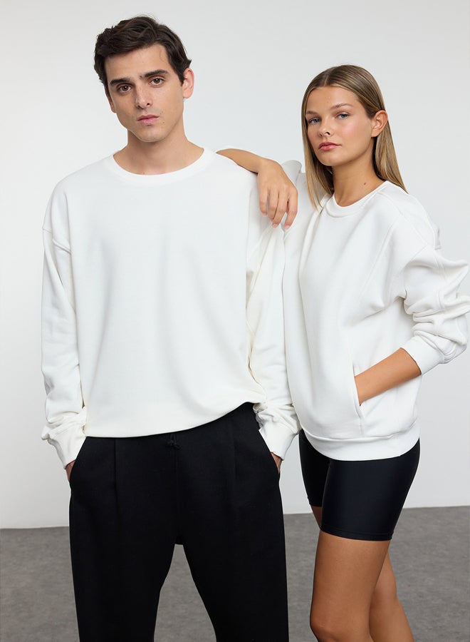 trendyol Unisex Ecru Oversize/Wide Cut Fabric Mix Basic Unmarked Sweatshirt - Image 1
