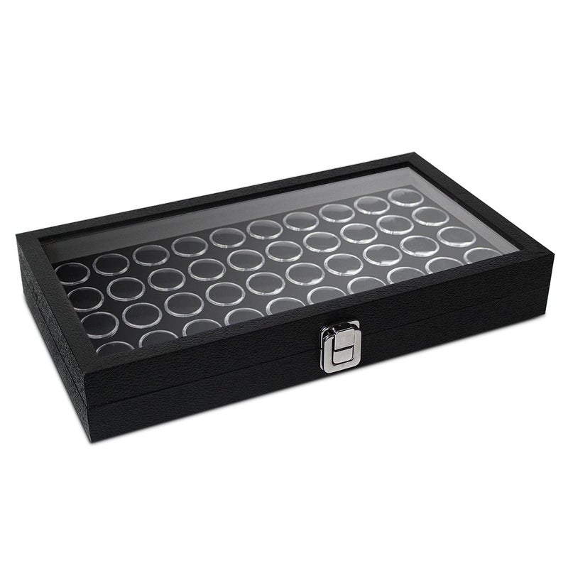 MOOCA Black Glass Top Jewelry Display Case Box 50 Gem Jars Ring Box Jewelry Organizer Gem jar storage for Jewelry Glass Display Box storage Tray