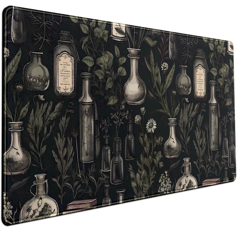 Mechanical Cattle Black Aesthetic Desk Mat - Vintage Large Gaming Flower Mouse Pad XXL Plant Wildflower Mousepad Extended Laptop Computer Keyboard Mat for Women Girl Office Decor 31.5x15.8 in - Image 1