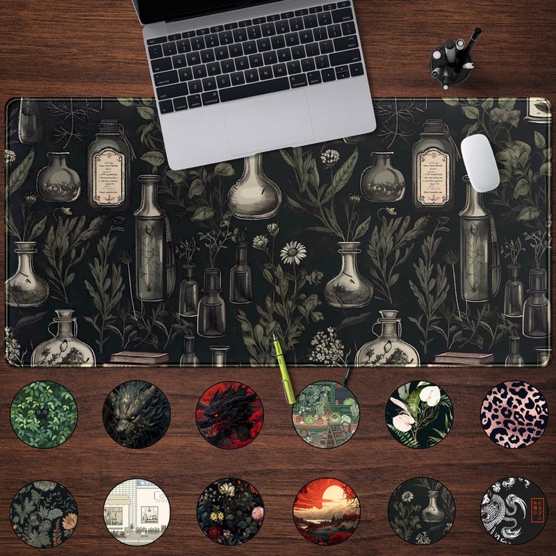 Mechanical Cattle Black Aesthetic Desk Mat - Vintage Large Gaming Flower Mouse Pad XXL Plant Wildflower Mousepad Extended Laptop Computer Keyboard Mat for Women Girl Office Decor 31.5x15.8 in - Image 2