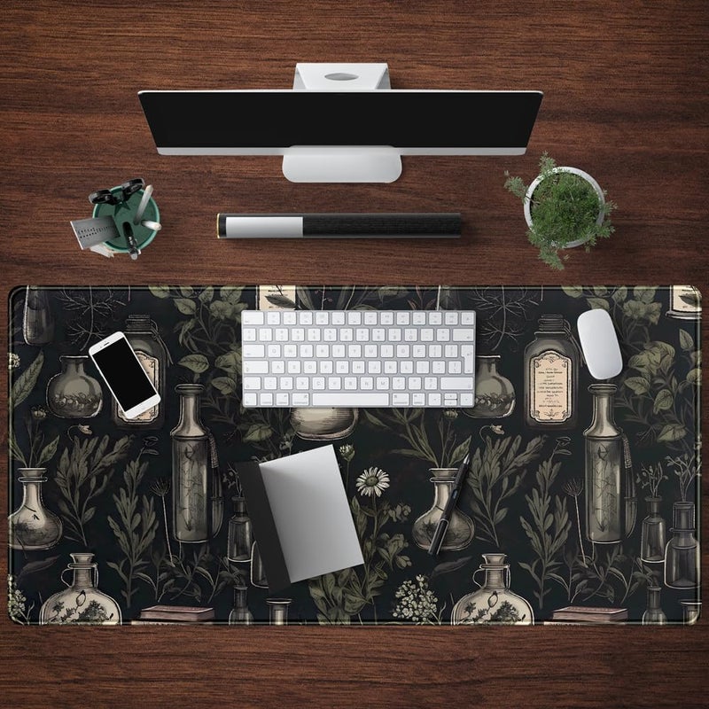 Mechanical Cattle Black Aesthetic Desk Mat - Vintage Large Gaming Flower Mouse Pad XXL Plant Wildflower Mousepad Extended Laptop Computer Keyboard Mat for Women Girl Office Decor 31.5x15.8 in - Image 4
