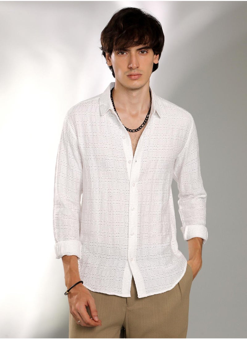 كامبوس سوترا Men's Cream White Solid Textured Knit Shirt  - Image 2