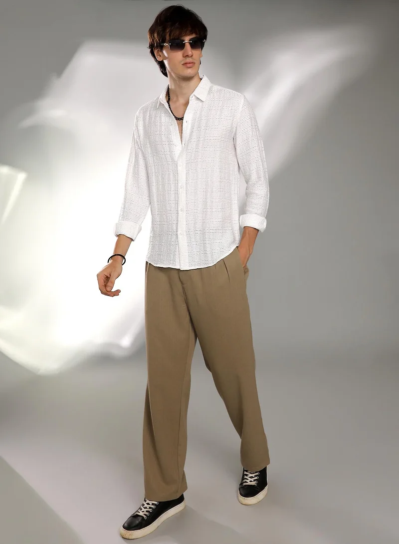 Campus Sutra Men's Cream White Solid Textured Knit Shirt