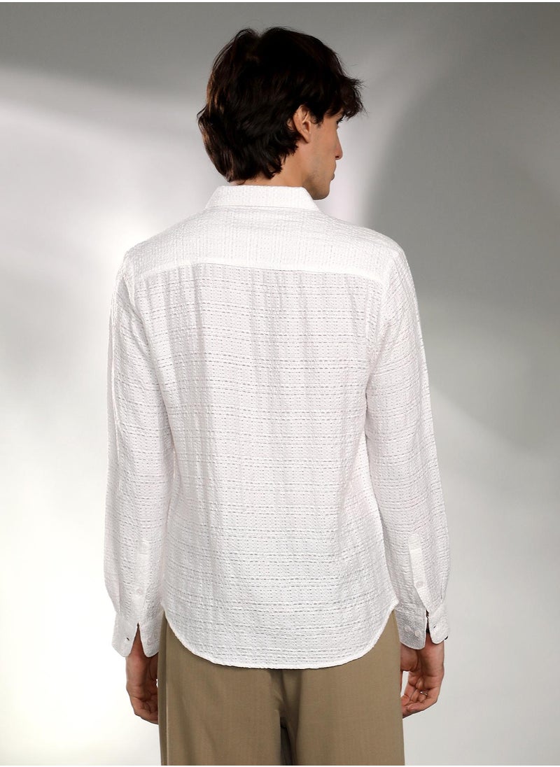 كامبوس سوترا Men's Cream White Solid Textured Knit Shirt  - Image 5