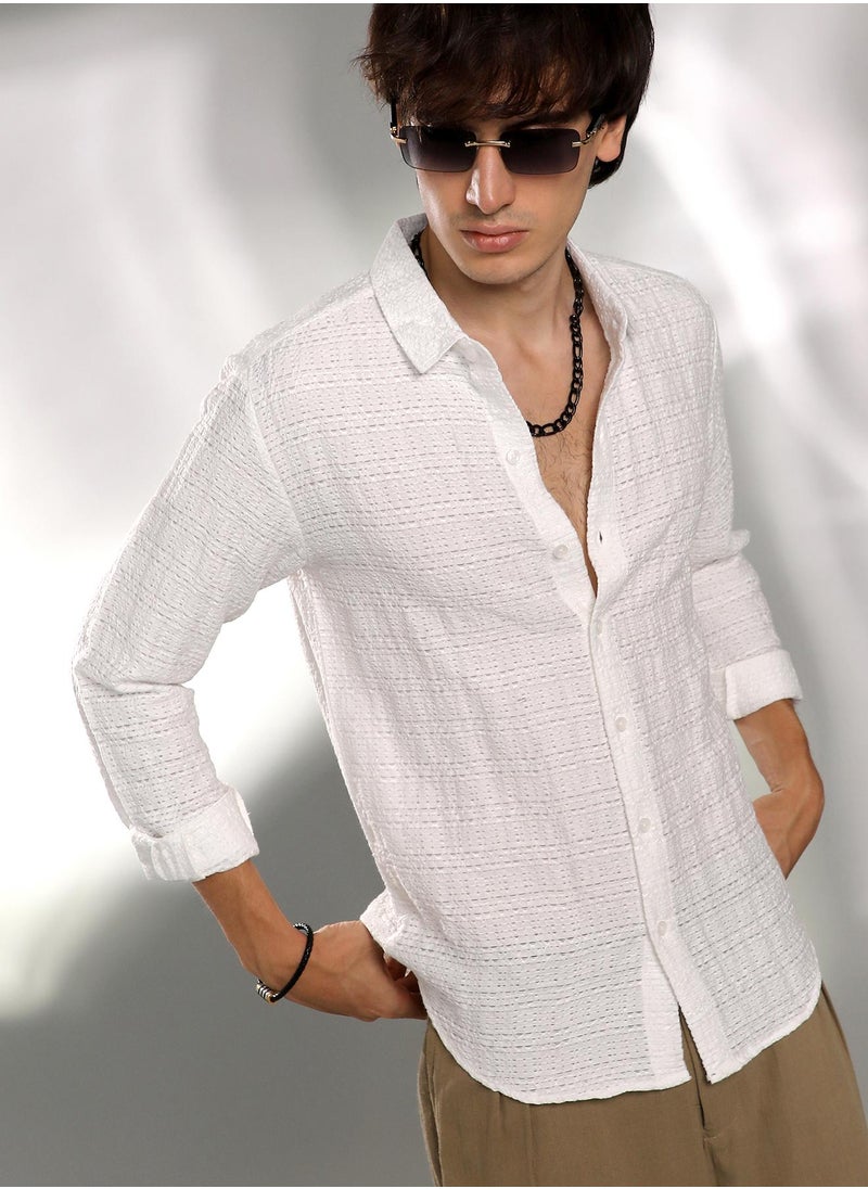 كامبوس سوترا Men's Cream White Solid Textured Knit Shirt  - Image 1
