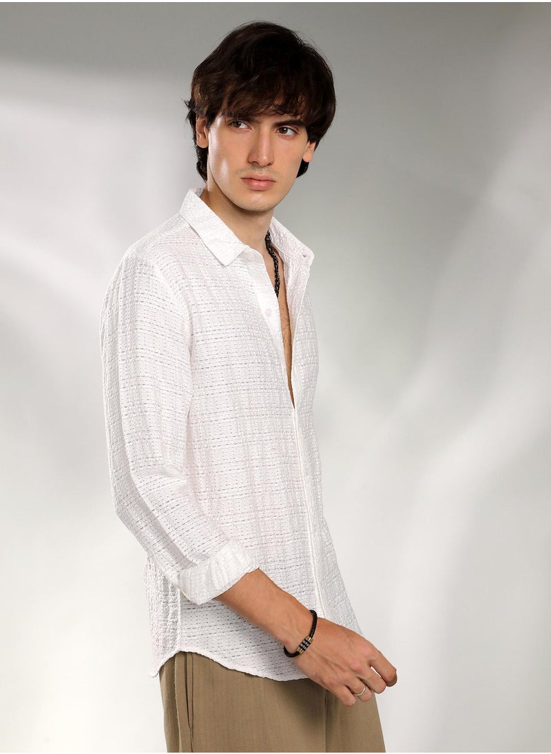 كامبوس سوترا Men's Cream White Solid Textured Knit Shirt  - Image 3