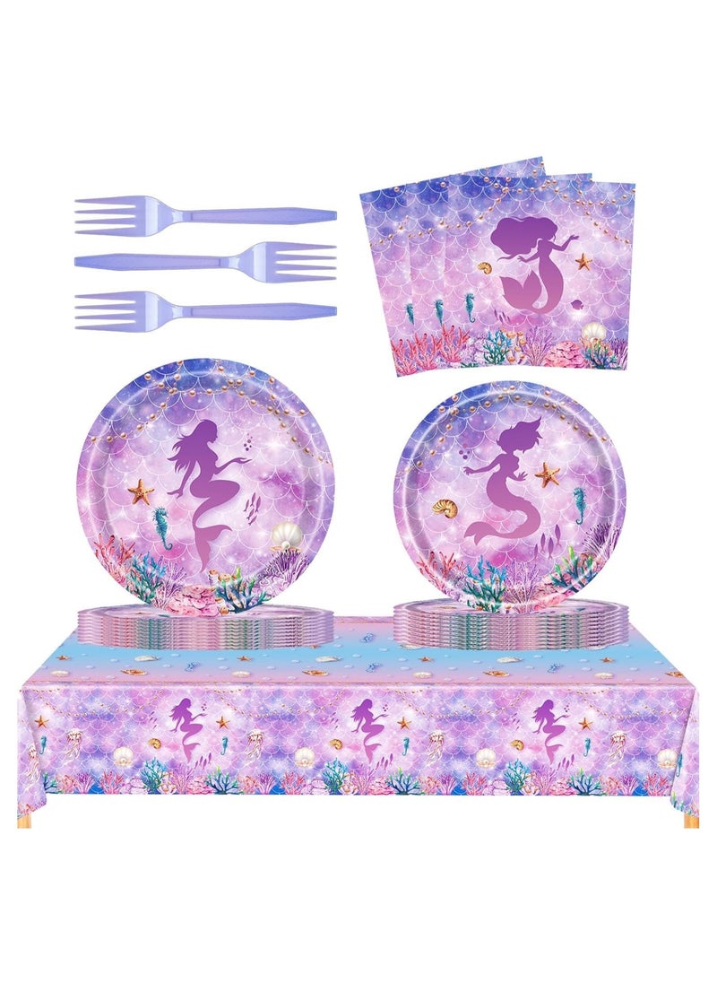 Excefore Mermaid Birthday Decorations Party Tableware Set, 69 Pcs Mermaid Themed Party Supplies Party Plates Napkins Forks for 16 Guests Kids Little Mermaid Party Decorations Baby Shower Supplies  - Image 1