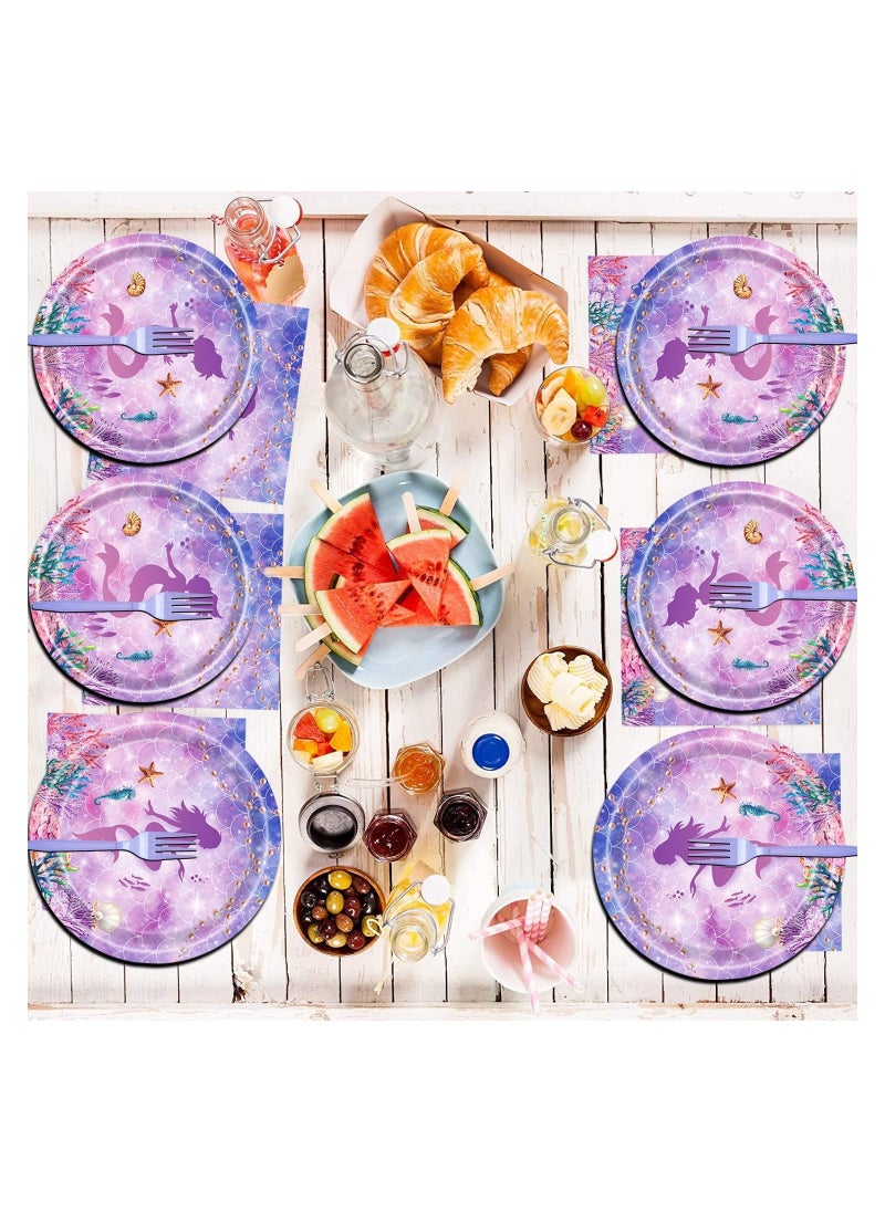 Excefore Mermaid Birthday Decorations Party Tableware Set, 69 Pcs Mermaid Themed Party Supplies Party Plates Napkins Forks for 16 Guests Kids Little Mermaid Party Decorations Baby Shower Supplies  - Image 4